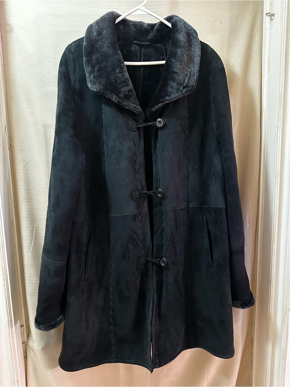 Vintage Hana K Genuine Shearling Lambskin Leather Long Black Coat Jacket 12